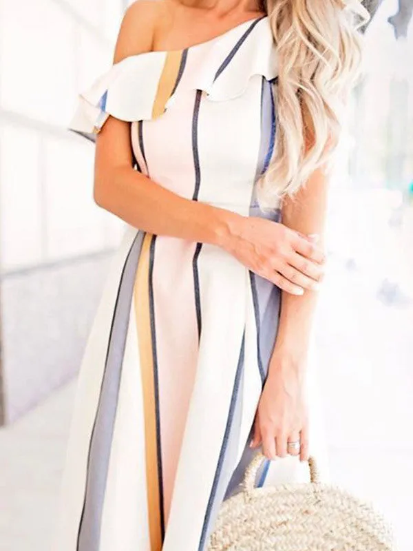 One Shoulder Ruffle Stripe Dress