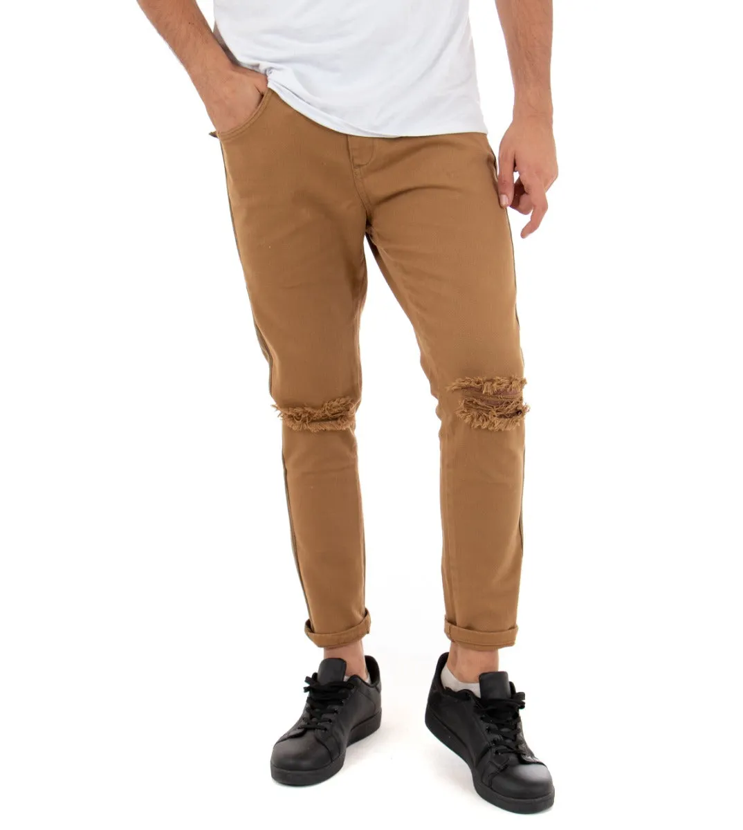 Pantaloni Jeans Con Taglio Al Ginocchio Uomo Slim Fit Camel Casual GIOSAL-P3321A