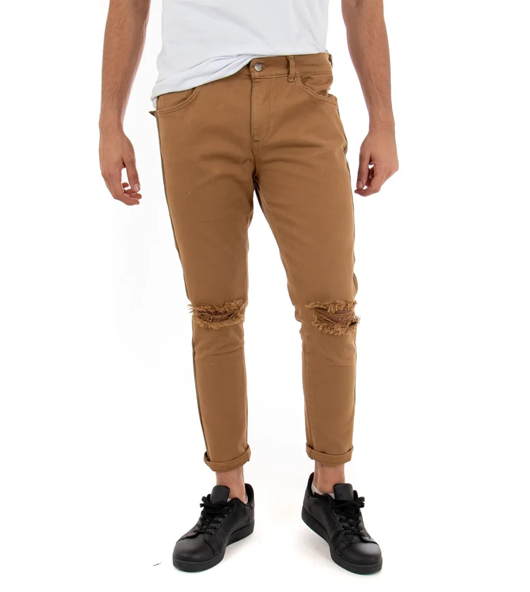 Pantaloni Jeans Con Taglio Al Ginocchio Uomo Slim Fit Camel Casual GIOSAL-P3321A