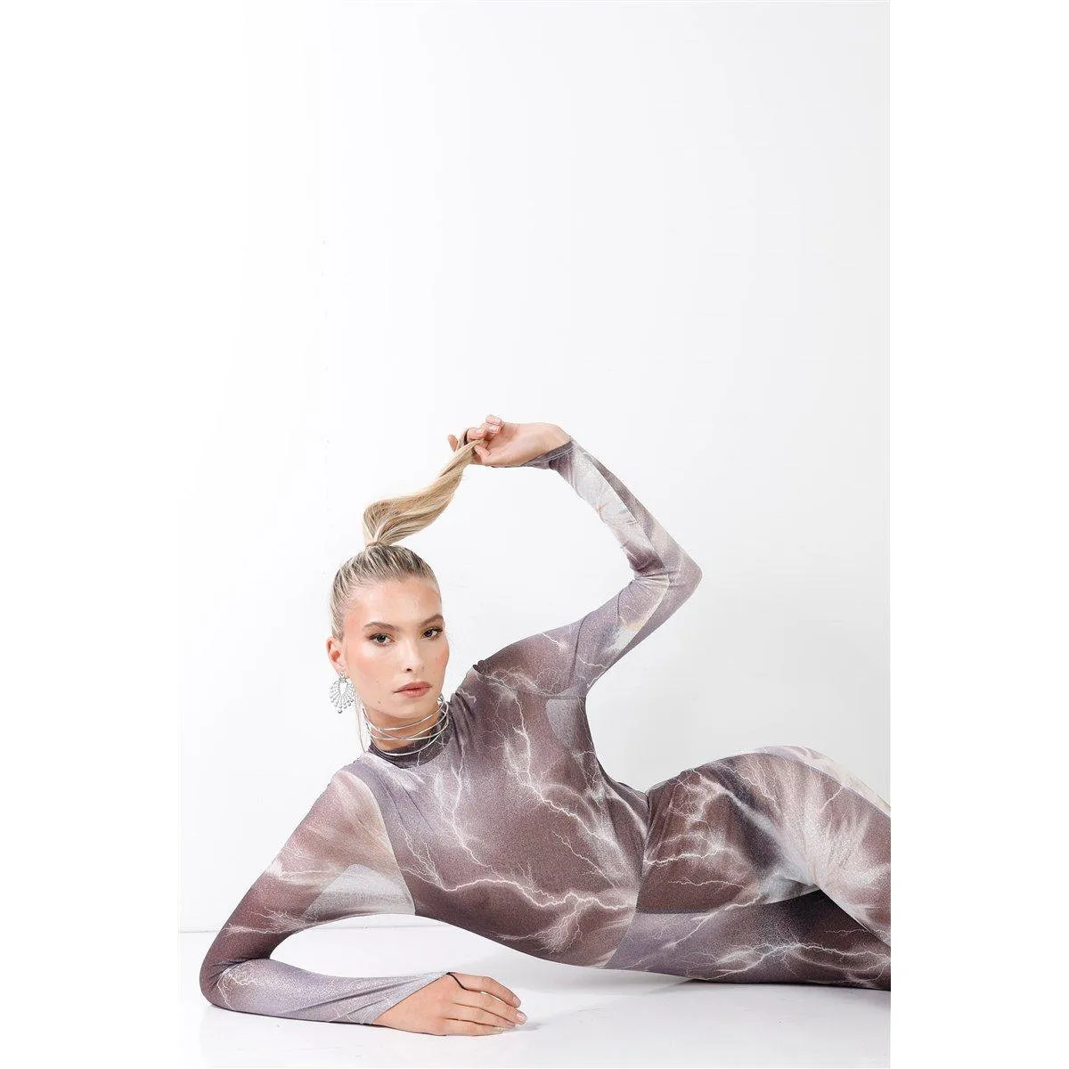 Purple-grey Lightning Print Mock Neck Long Sleeve With Finger Loop Fitted Catsuit /jumpsuit