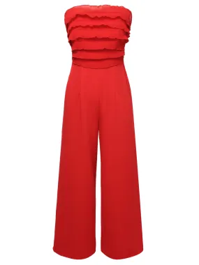 Red 1930s Solid Ruffles Tube Jumpsuit