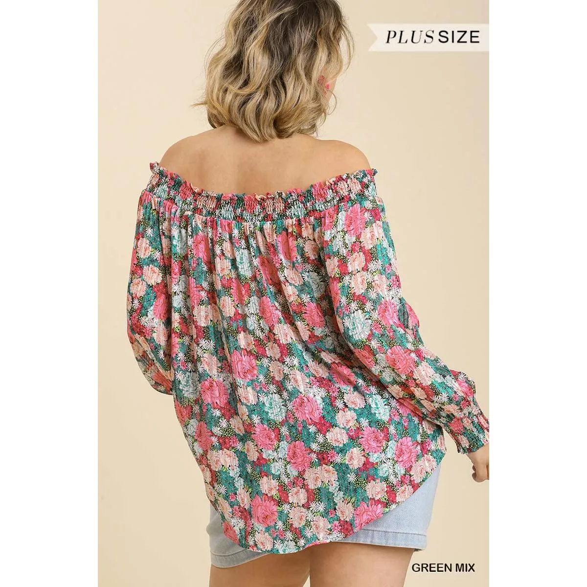 Sheer Floral Print Metallic Threading Long Sleeve Off Shoulder Top With High Low Hem