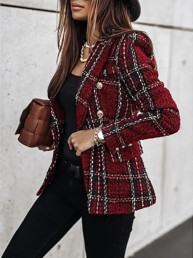 Stylish Women's Red Brown Tweed Plaid Blazer Jacket for Versatile Office Wear