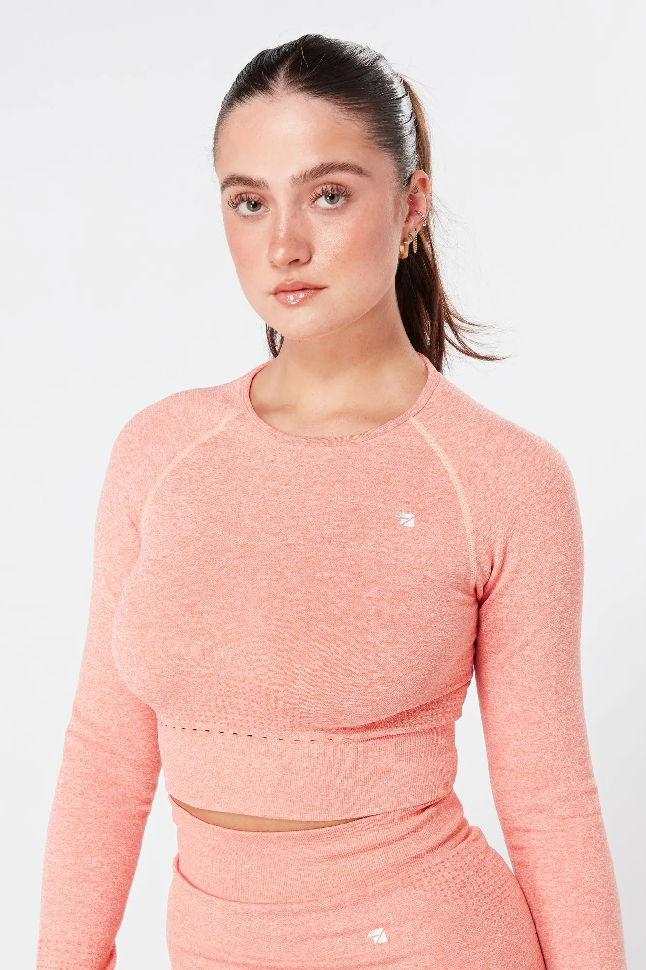 Twill Active Seamless Marl Laser cut Full Sleeve Crop Top - Coral