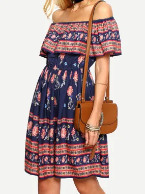 Women's Off the Shoulder Ruffled Print Dress